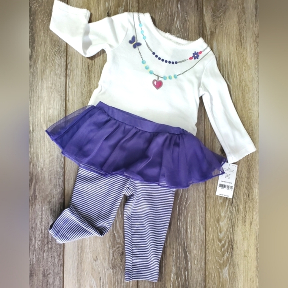 White and Purple Cotton Baby Outfit with Top, Striped Leggings & Tutu Size 6M